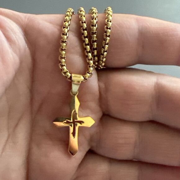 Stainless Steel Cross Pendant Scripture Gold Plated 24 Inch Chain Religious - Picture 6 of 7